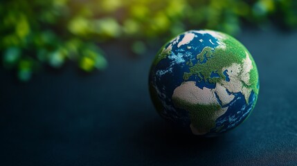 Fototapeta premium Globe model on table with green flora background, emphasizing Earth's beauty.