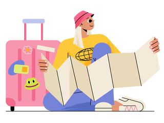 Traveller woman with map and suitcase