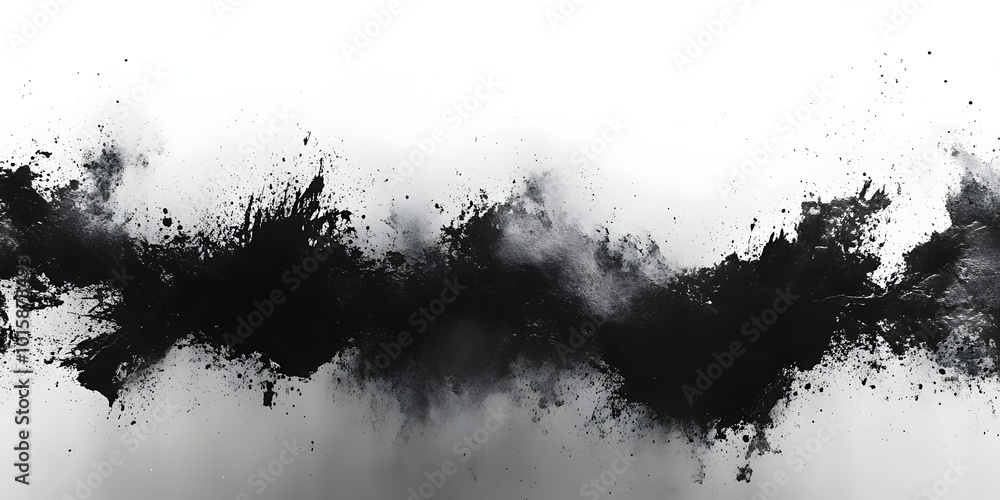 Poster abstract black ink splatters on a white background, creating a dynamic and artistic composition.