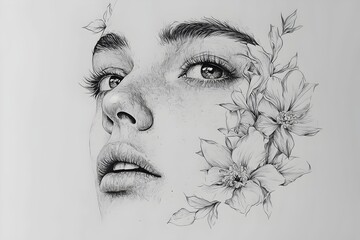 Obraz premium Intricate pencil drawing of a woman's face with delicate flowers blooming around her.