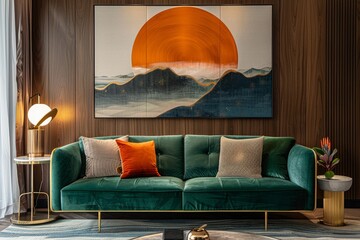 Emerald green double sofa with golden legs and luxurious velvet fabric, showcasing modern design and warm tones in a stylish living room.