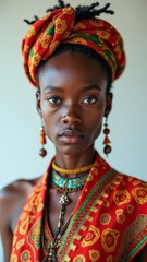 Portrait of a young woman wearing colorful African-inspired attire, with headwrap, earrings, and layered necklaces