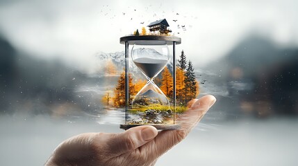 A close-up of a weathered hand holding a small hourglass, symbolizing the passage of time and the lessons learned from the past. In the background, blurred images of various life experiences, 