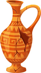 Ancient antique broken jug, cartoon museum ceramic pottery. Isolated cartoon vector old cracked earthenware pitcher. Vessel for wine or oil, artefact with cracks, greek or roman pattern and handle