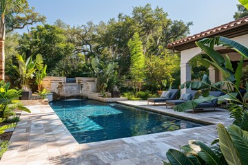 Fototapeta premium Outdoor pool featuring blue water, a small waterfall, and a sitting area surrounded by stone pavers and lush landscaping with palm trees.