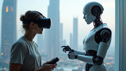 Woman wearing virtual reality glasses interacting with a humanoid robot in a modern cityscape setting