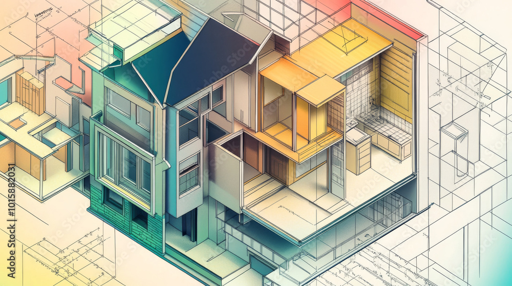 Poster a drawing of a house with cutaway walls, showing different rooms. the drawing is in a style called 