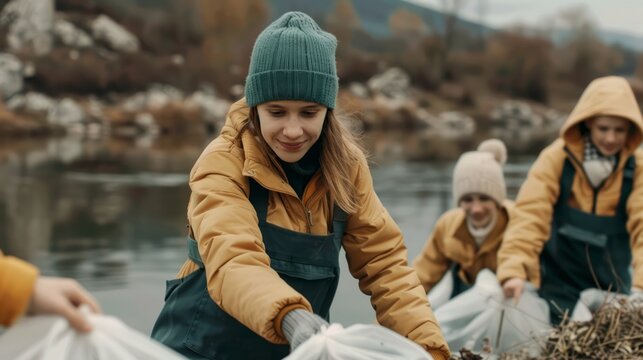 Community Members Engaged in Environmental Clean-Up Activity - Powered by Adobe