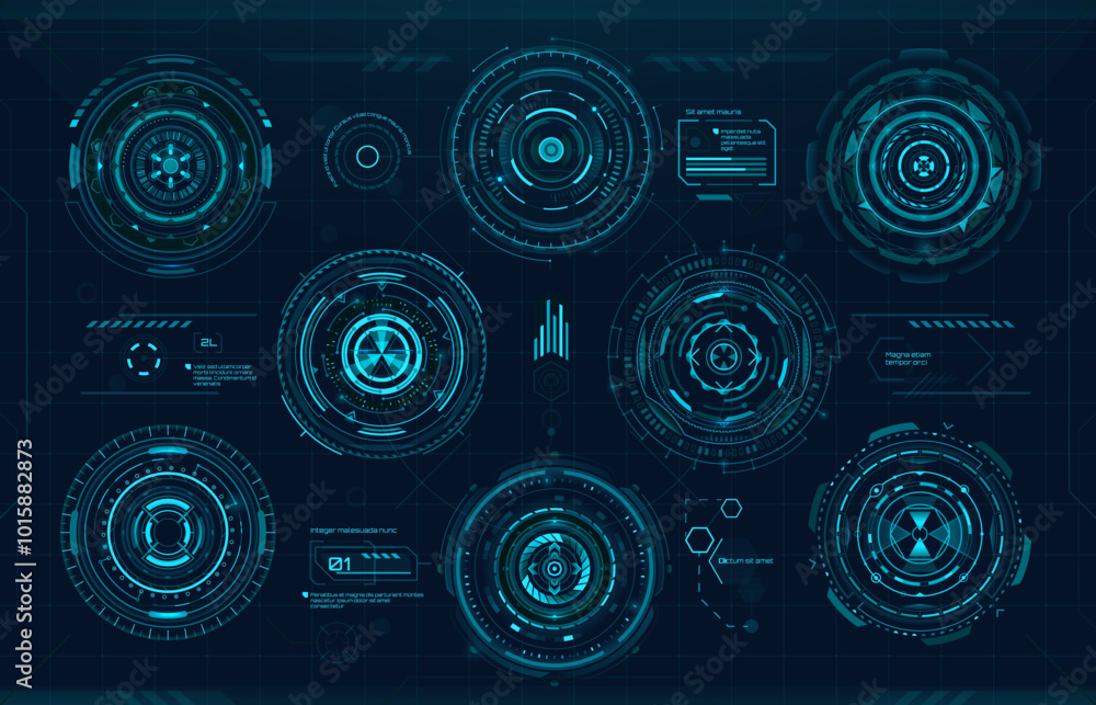 Leinwandbilder Circular graph bars and futuristic digital HUD elements of Sci Fi UI, vector neon interface. HUD screen interface elements with digital bars and graphs for virtual future UI or GUI panel with buttons