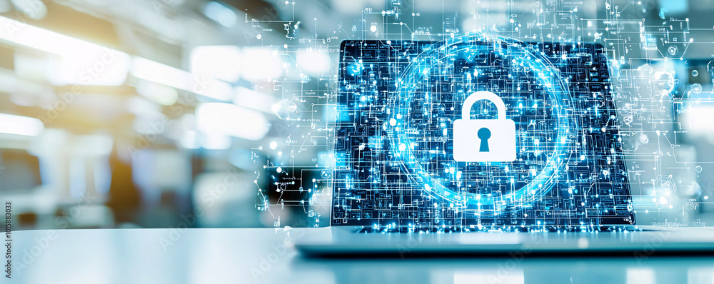Poster a laptop computer on a desk with a digital padlock icon displayed on the screen, symbolizing cyber s