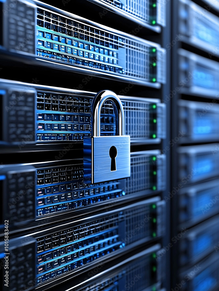 Poster a cyber security concept showing a digital padlock on a server computer, highlighting secure network