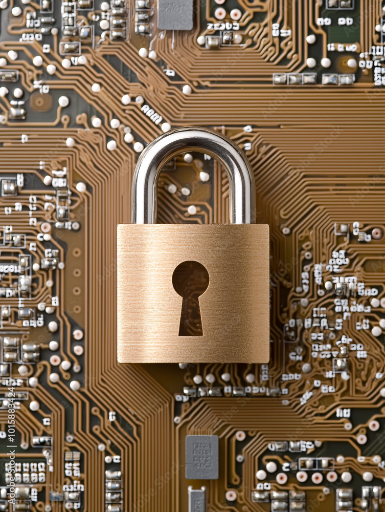 Poster a cyber security concept showing a digital padlock on a server computer, highlighting secure network