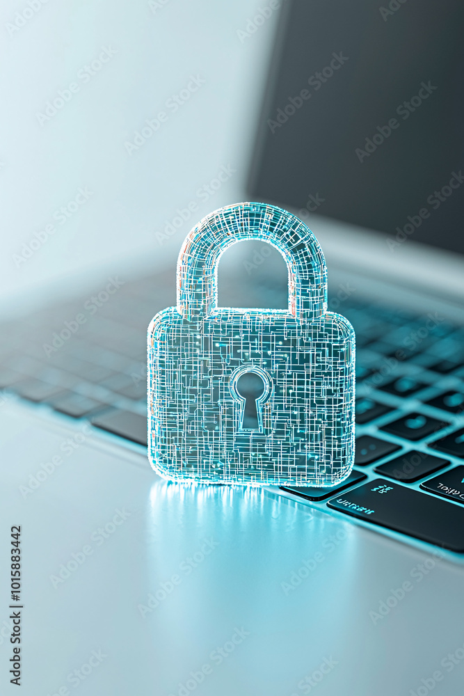 Poster a close-up of a laptop keyboard with a digital padlock icon hovering above it, symbolizing online se