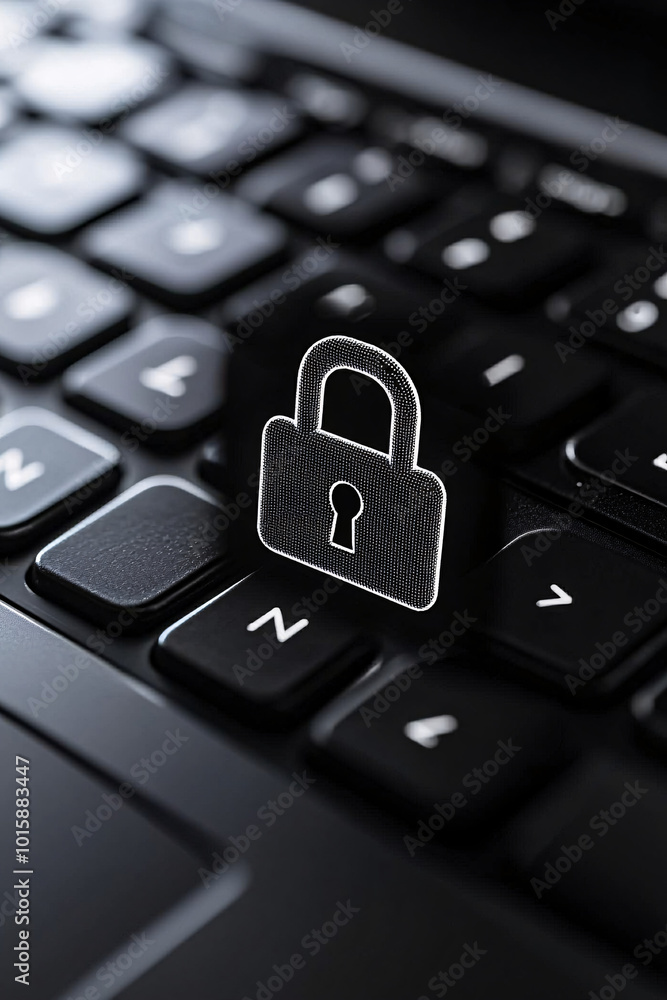 Poster a close-up of a laptop keyboard with a digital padlock icon hovering above it, symbolizing online se