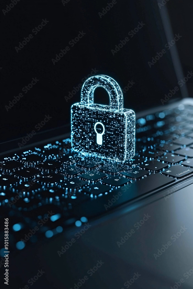Poster a close-up of a laptop keyboard with a digital padlock icon hovering above it, symbolizing online se