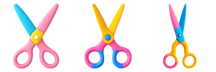 Child-friendly scissors with colorful handles in different combinations. Concept of craft tools, school supplies, and safe cutting for kids