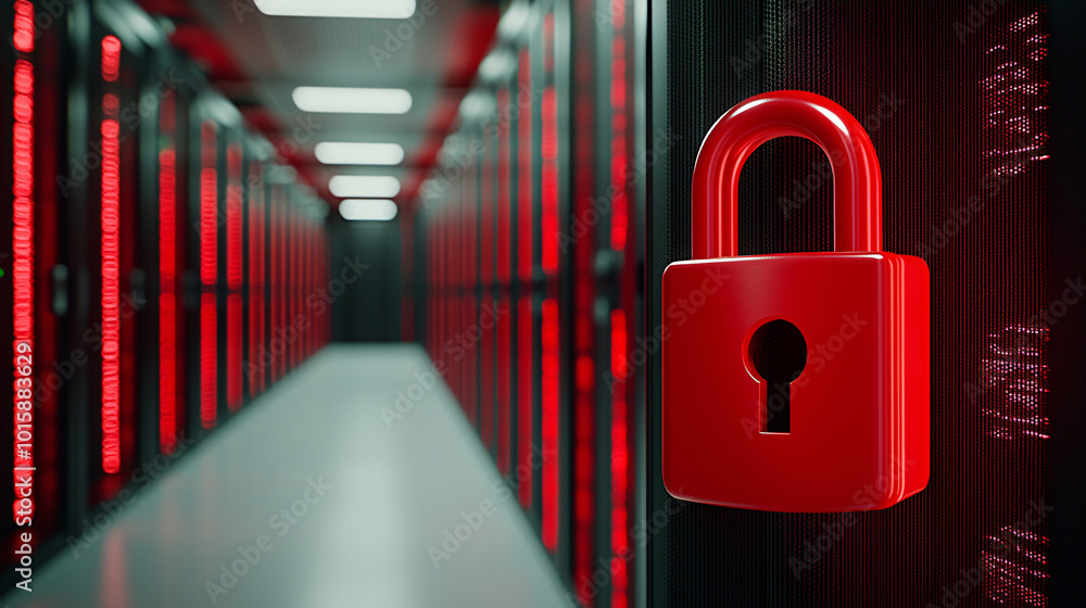 Poster a digital padlock icon in the foreground of a dimly lit server room, highlighting cyber security and