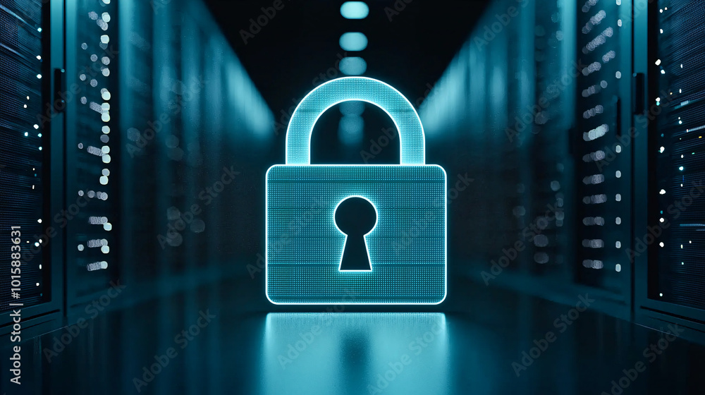 Poster a digital padlock icon in the foreground of a dimly lit server room, highlighting cyber security and