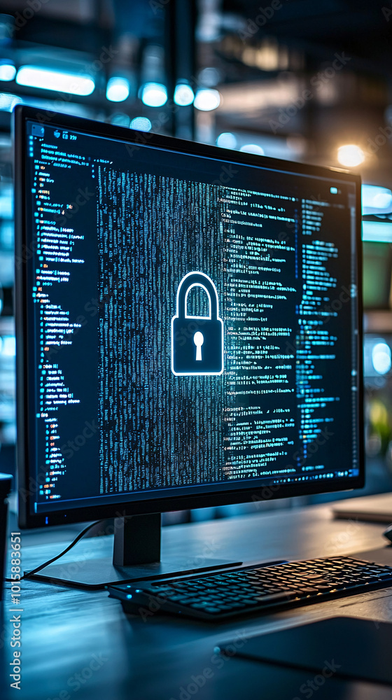 Poster a computer workstation featuring a digital padlock on the screen, signifying secure data transfer an