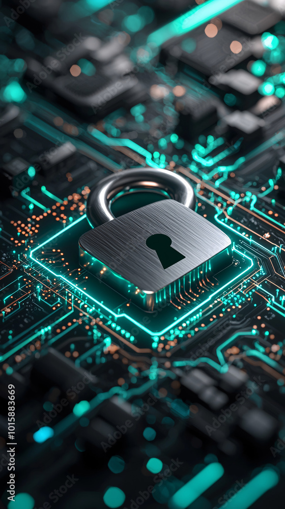 Poster a computer workstation featuring a digital padlock on the screen, signifying secure data transfer an