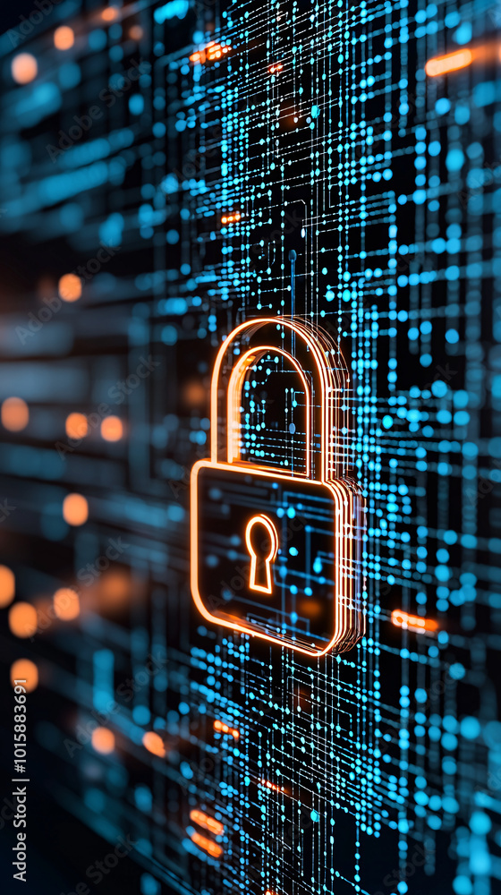 Poster a computer workstation featuring a digital padlock on the screen, signifying secure data transfer an