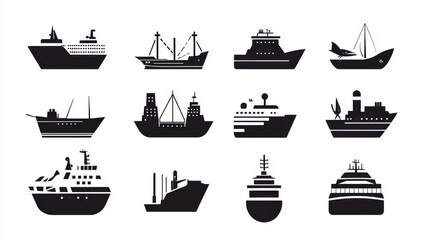 A collection of simple black icons showing different ships and sea transport.