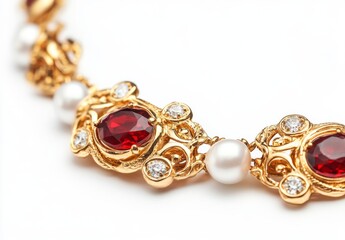A vintage gold bracelet with red and white gemstones, including one large ruby in the center, is isolated on a white background. Generative AI