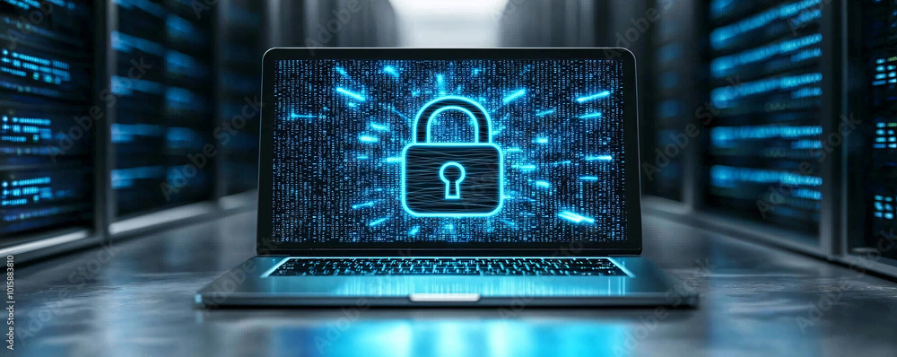 Poster a stylized padlock on a laptop screen, illustrating cyber security concepts, with a server tower in 