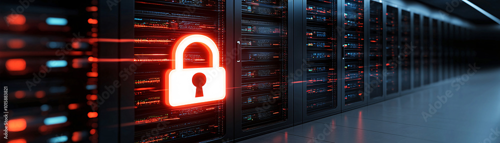 Poster a modern server rack with a glowing digital padlock icon floating in front, representing secure data