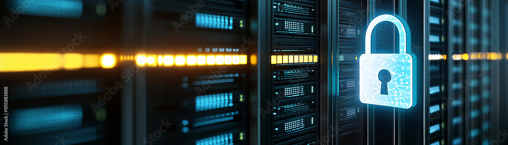 Poster a modern server rack with a glowing digital padlock icon floating in front, representing secure data