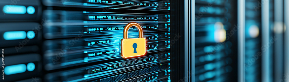 Poster a modern server rack with a glowing digital padlock icon floating in front, representing secure data
