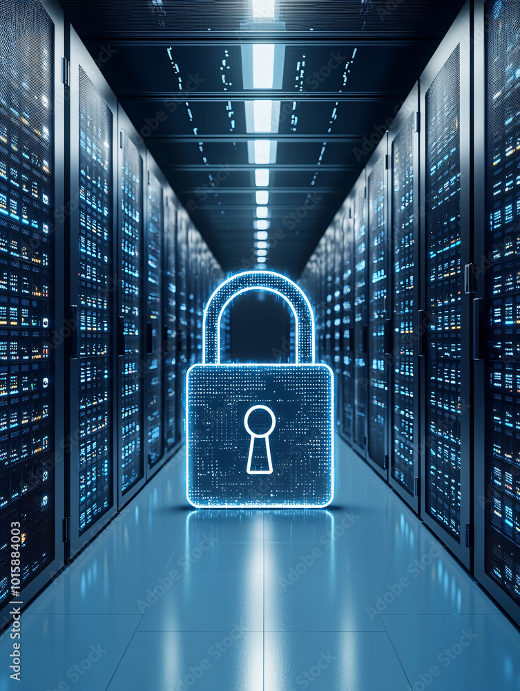 Poster a server room with multiple racks and a digital padlock overlaying the scene, representing data secu