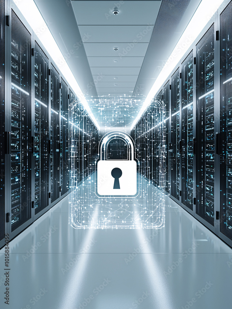 Poster a server room with multiple racks and a digital padlock overlaying the scene, representing data secu