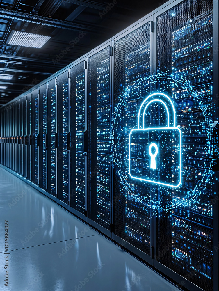 Poster a server room with multiple racks and a digital padlock overlaying the scene, representing data secu