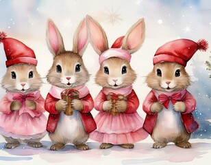 Christmas bunnies with Santa Hat, Pastel Watercolor Pink Dresses, caroling