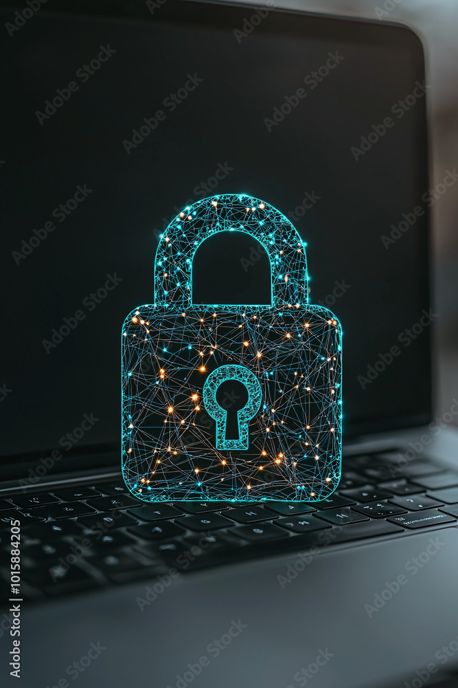 Poster a digital padlock graphic displayed on a laptop, symbolizing secure internet browsing and cyber secu