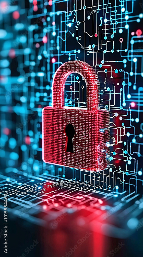 Poster a cyber security-themed image with a digital padlock on a computer screen, surrounded by abstract ne