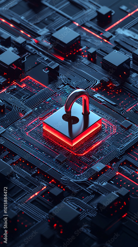 Poster a cyber security-themed image with a digital padlock on a computer screen, surrounded by abstract ne