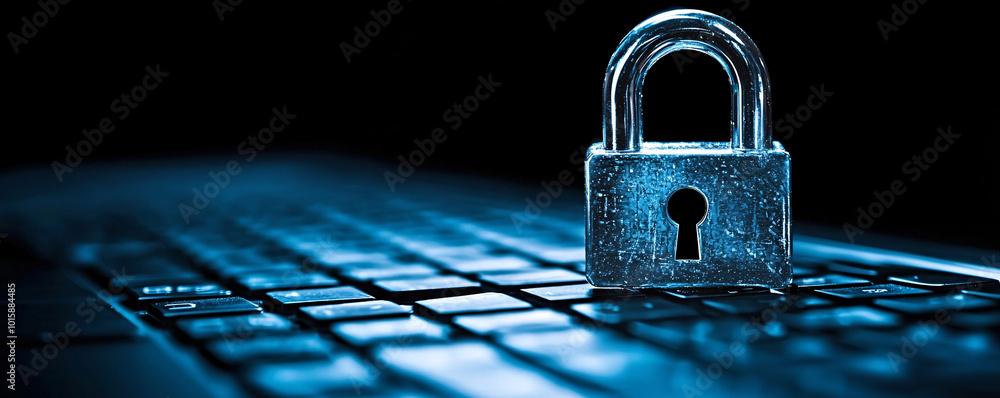 Poster a laptop computer on a desk displays a digital padlock, representing secure online transactions, wit