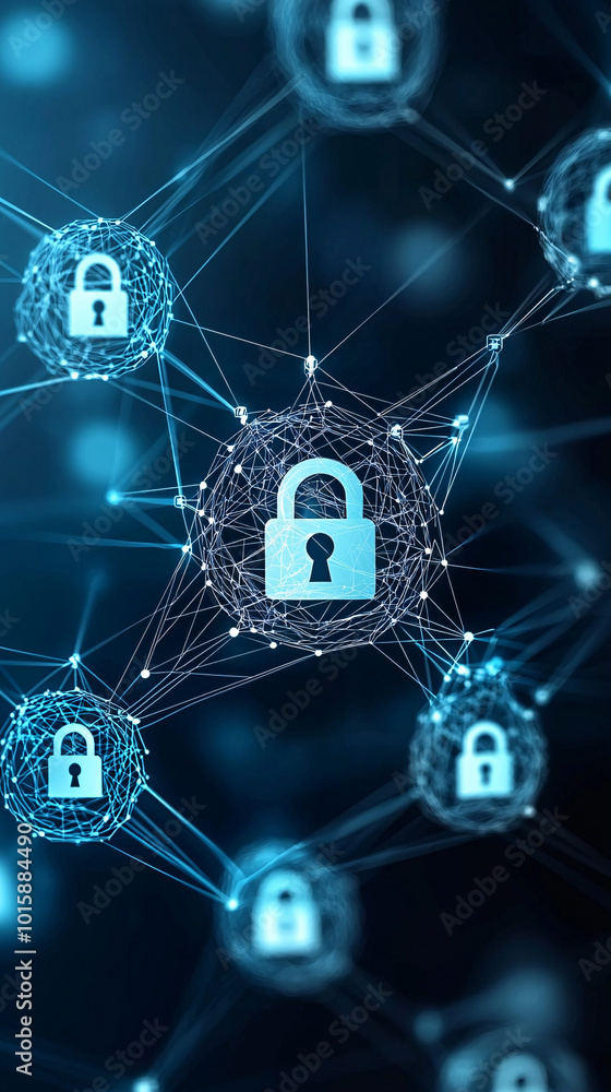 Poster a cyber security-themed image with a digital padlock on a computer screen, surrounded by abstract ne