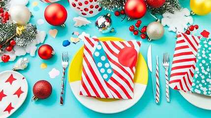 Fototapeta premium Christmas Table Setting with Red and White Striped Napkins and Festive Decorations