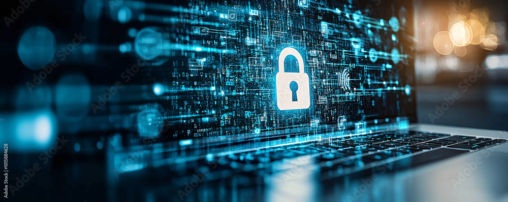 Poster a laptop computer on a desk displays a digital padlock, representing secure online transactions, wit