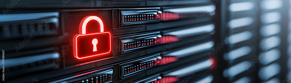 Poster a server rack highlighted by a glowing digital padlock, showcasing the importance of data security i