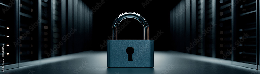 Poster a server rack highlighted by a glowing digital padlock, showcasing the importance of data security i