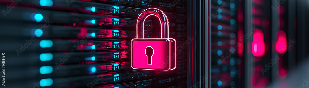 Poster a server rack highlighted by a glowing digital padlock, showcasing the importance of data security i
