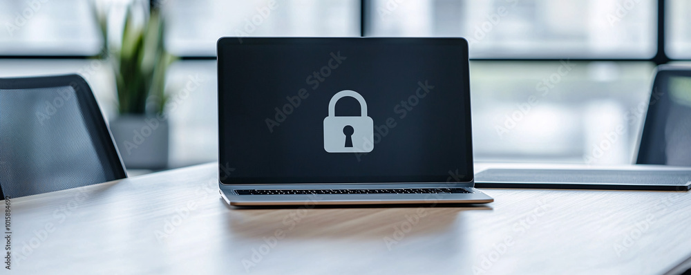 Poster a laptop computer on a desk displays a digital padlock, representing secure online transactions, wit