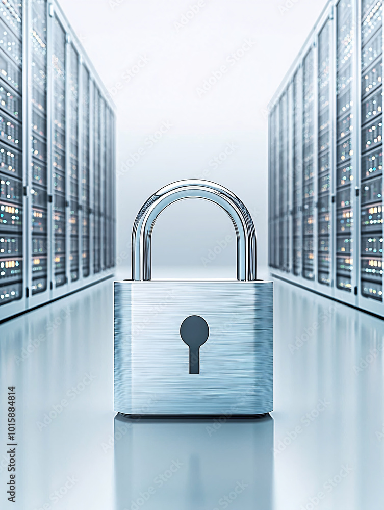 Poster a floating digital padlock in front of a row of server computers, representing secure network connec