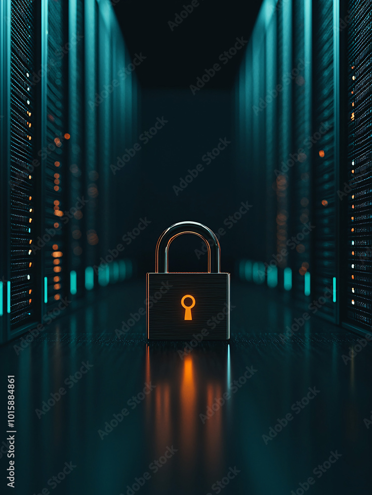 Poster a floating digital padlock in front of a row of server computers, representing secure network connec