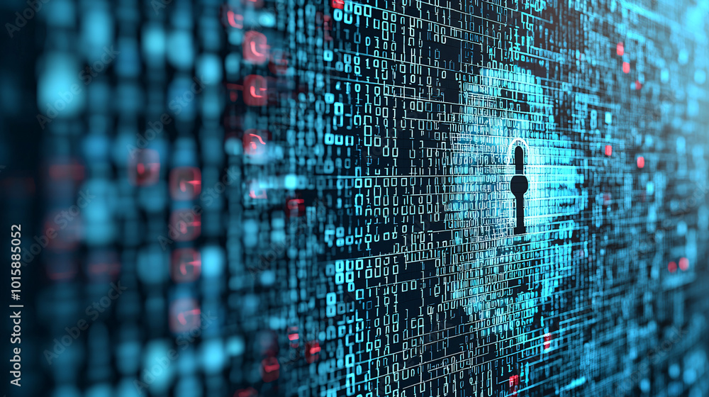 Poster a digital padlock icon displayed on a computer monitor, surrounded by encrypted code, representing h