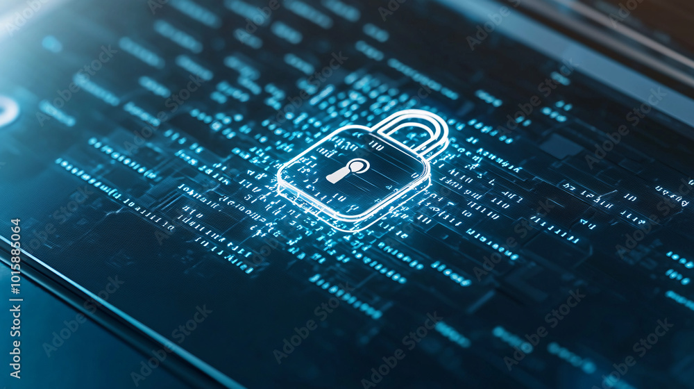 Aufkleber a digital padlock icon displayed on a computer monitor, surrounded by encrypted code, representing h